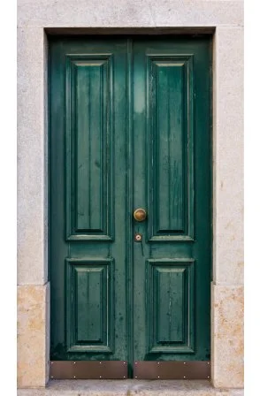 The Bronze Kickplate is installed on a green door